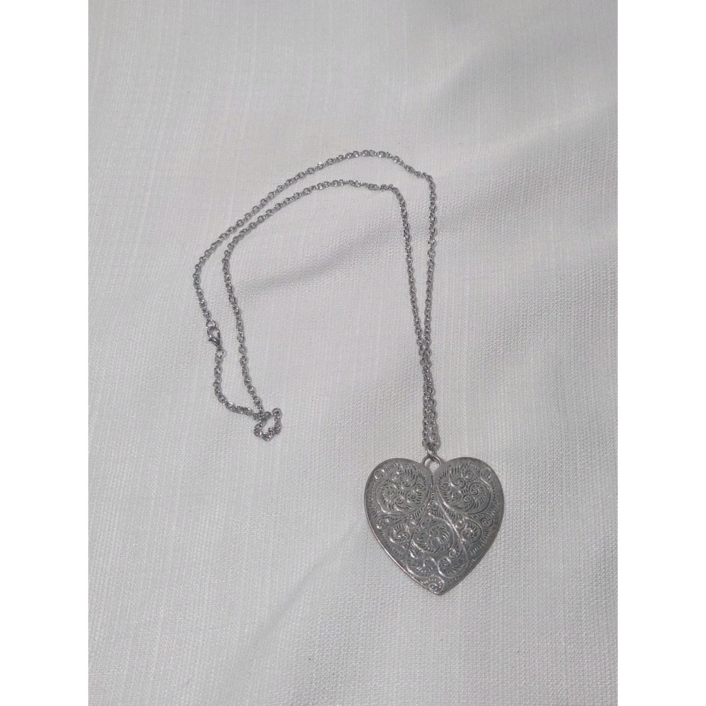Silver Tone Heart Necklace Western Style Boho Engraved Large